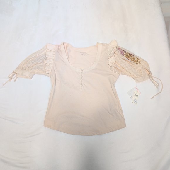 Anthropologie White Puff-Sleeve‎ Henley Top Size L NWT - Picture 2 of 11